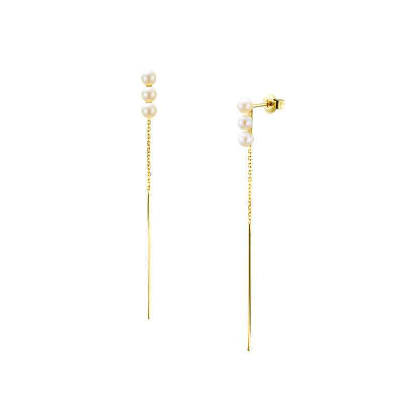 Natural Pearl Tassel Drop Earrings - Silver-Plated Linear Bar Design for Fashionable Office Style