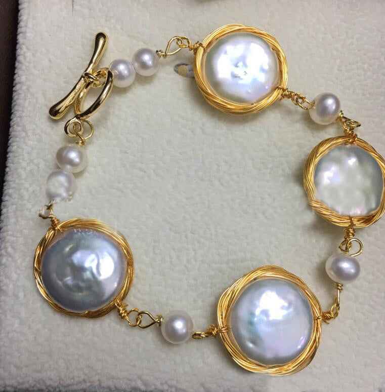 Luxury Freshwater Pearl Gold Bracelet with 14K Gold - Large 14mm Button Pearls, Double Loop or Single Ring