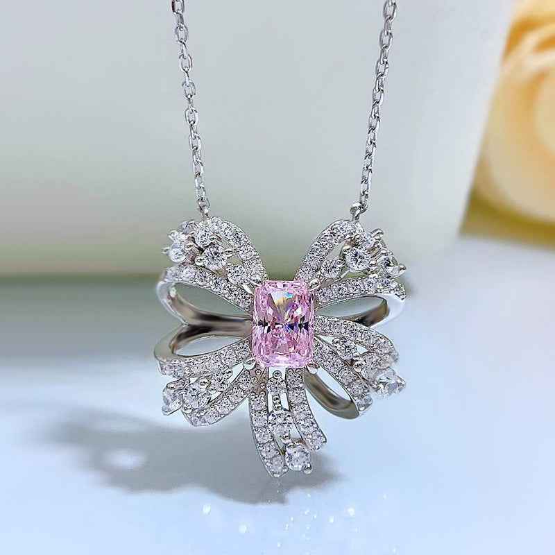 Luxury Pink Butterfly Necklace – 925 Sterling Silver Pendant with Curb Chain and Crystal Accents