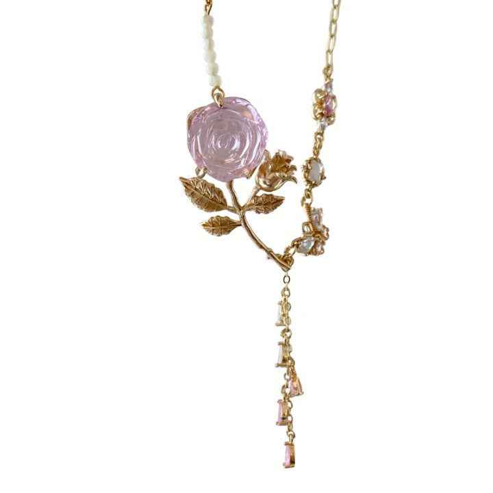 Vintage Heart Rose Necklace – Gold-Plated Copper with Mother of Pearl, Romantic Classic