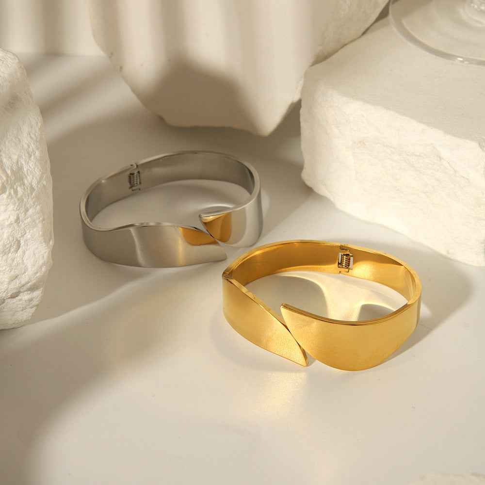 Exaggerated Wide Cuff Bracelet in Hip Hop Mirror-Finish Stainless Steel with Adjustable Rhombus Design