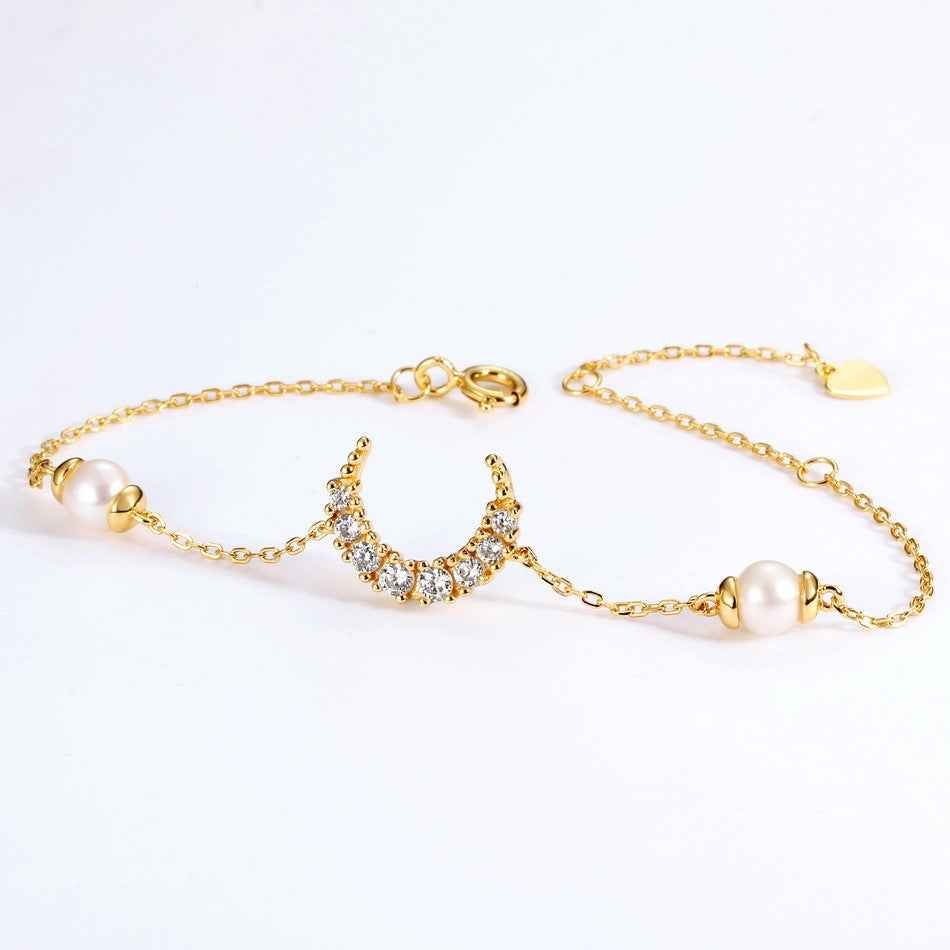Korean-Style Pearl Bracelet with Freshwater Pearls & Moon Accents - Gold-Finished Silver, Celestial Romance
