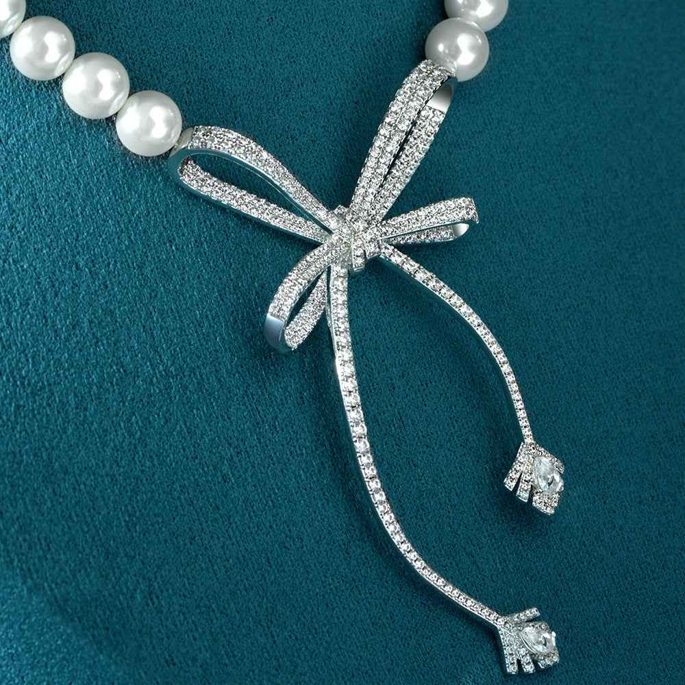 Luxury Bow Pendant Necklace - Adjustable Platinum-Plated Copper with White Finish