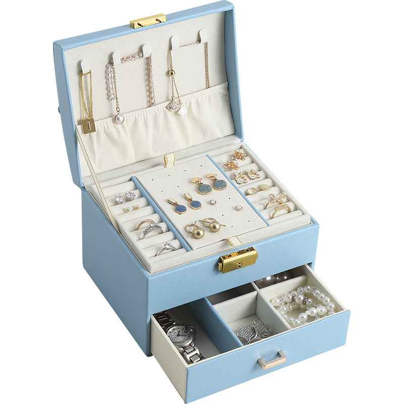 2-Layer Jewelry Organizer Box for Rings & Earrings - Dustproof Drawer Storage in Light Blue or Green