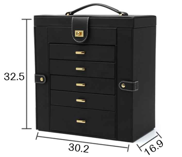 Oversized Leather Jewelry Box with Multi-Drawers, Large Capacity Organizer, Glass Mirror & Gold Handles
