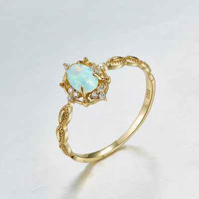 Natural Opal Crown Ring in 10K Gold-Plated 925 Sterling Silver - Vintage Women's Jewelry (US Sizes 5–9)
