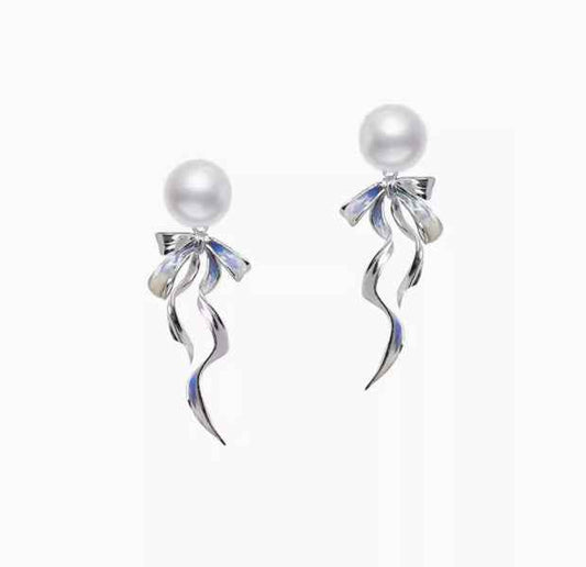 Ribbon Bowknot Earrings - Stylish Silver or Gold-Plated Alloy in Blue or Silvery