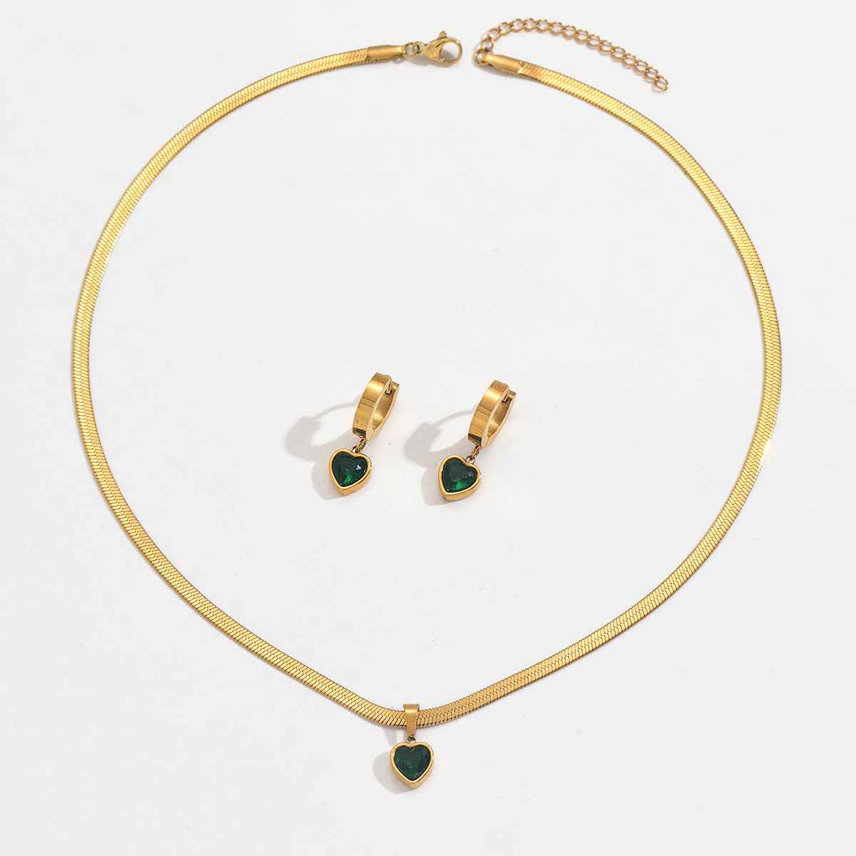 18K Gold-Plated Waterproof Hypoallergenic Green Heart Jewelry Set – Stainless Steel Necklace & Earrings