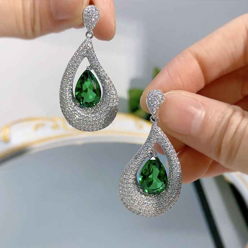 Emerald Green Diamond Accent Stud Earrings in Asymmetric Artistic Design - 925 Sterling Silver
