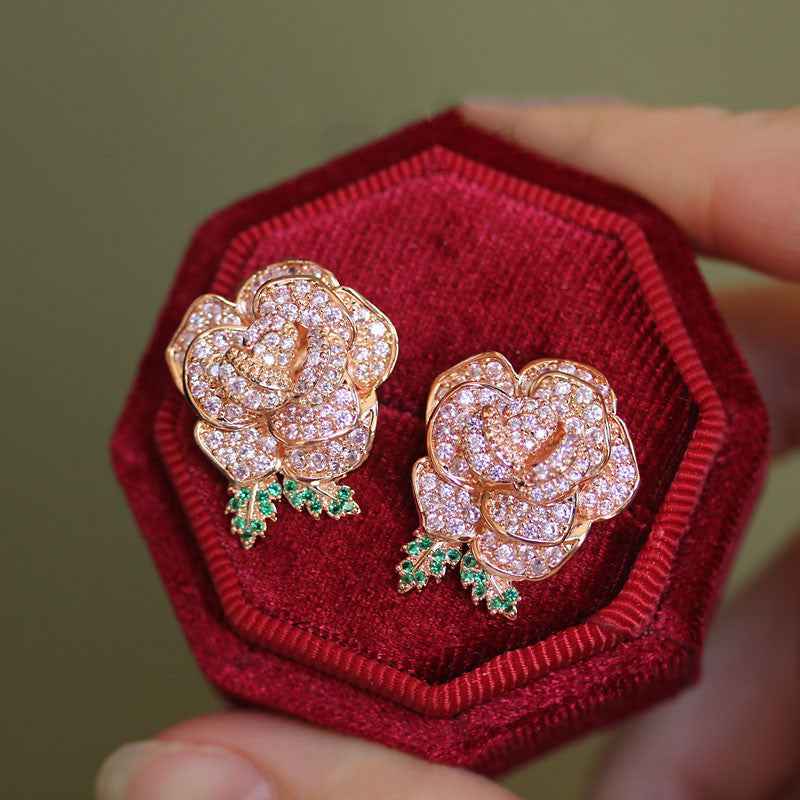 Layered Rose Earrings – Gold-Plated Eco Copper with Pink Cubic Zirconia and S925 Silver Posts