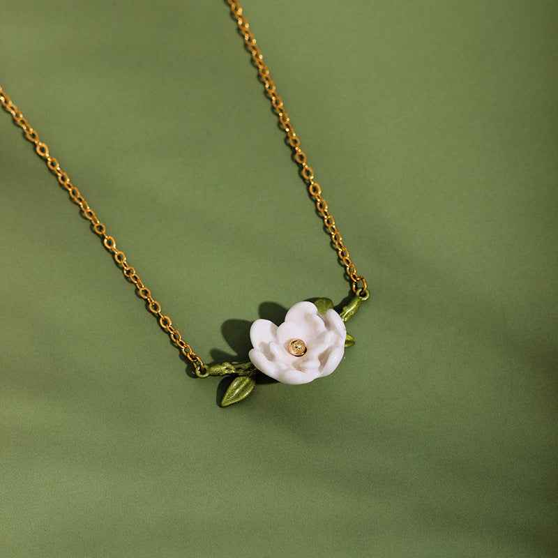 Magnolia Freshwater Pearl Necklace – Gold-Plated or Pearl Chain, Enamel Flower, Adjustable