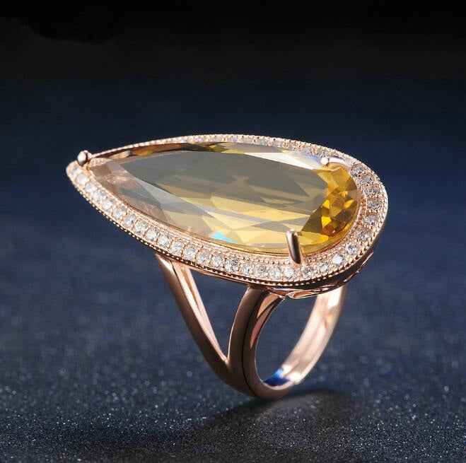 Pear Cut Citrine Halo Ring in Rose Gold Vermeil - Stunning Elegance