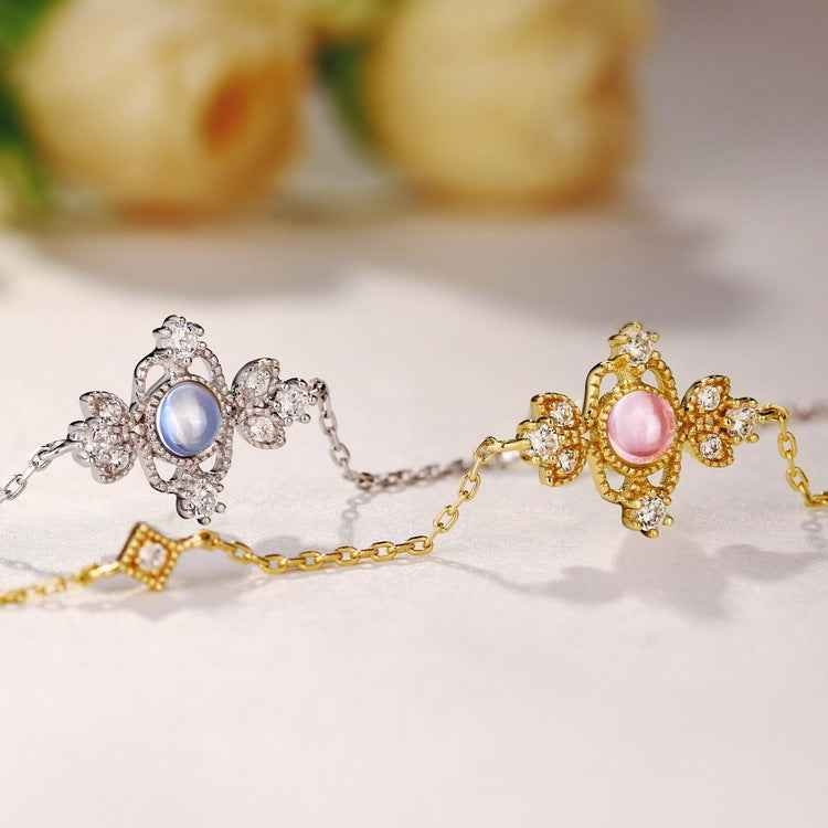 Natural Pink Crystal Bracelet - Adjustable S925 Sterling Silver & Gold-Plated with Blue Moonstone
