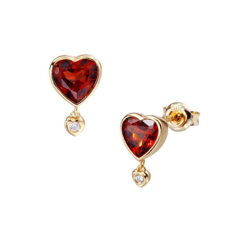 Natural Garnet Heart Stud Earrings in 925 Sterling Silver with Zircon Accents – Romantic Gemstone Jewelry