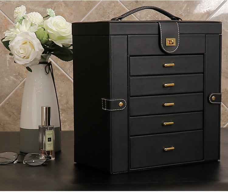 Oversized Leather Jewelry Box with Multi-Drawers, Large Capacity Organizer, Glass Mirror & Gold Handles