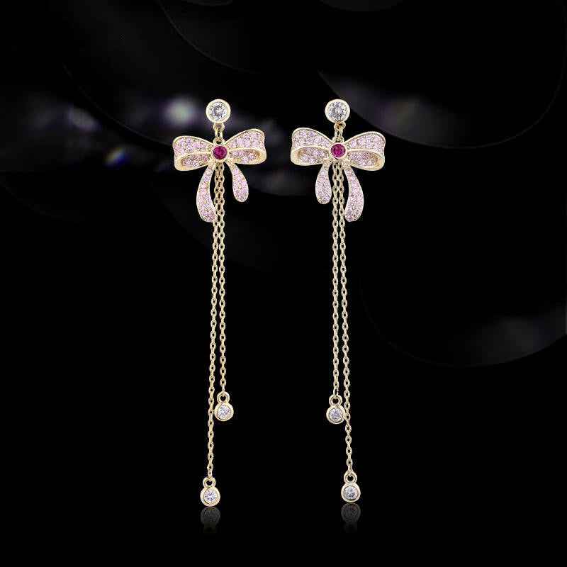 Gold Tassel Drop Earrings in Sterling Silver with Bow Design