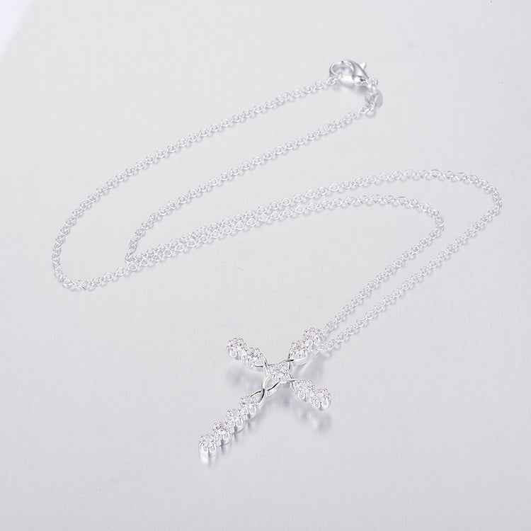 Creative Silver Cross Necklace with Zircon Accents and Blue or White Stones - 925 Silver-Plated