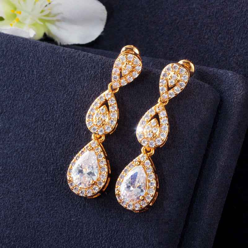 Long Water Drop Zircon Jewelry Set – Luxury Gold-Plated Necklace, Earrings & Bracelet, 3-Piece Set