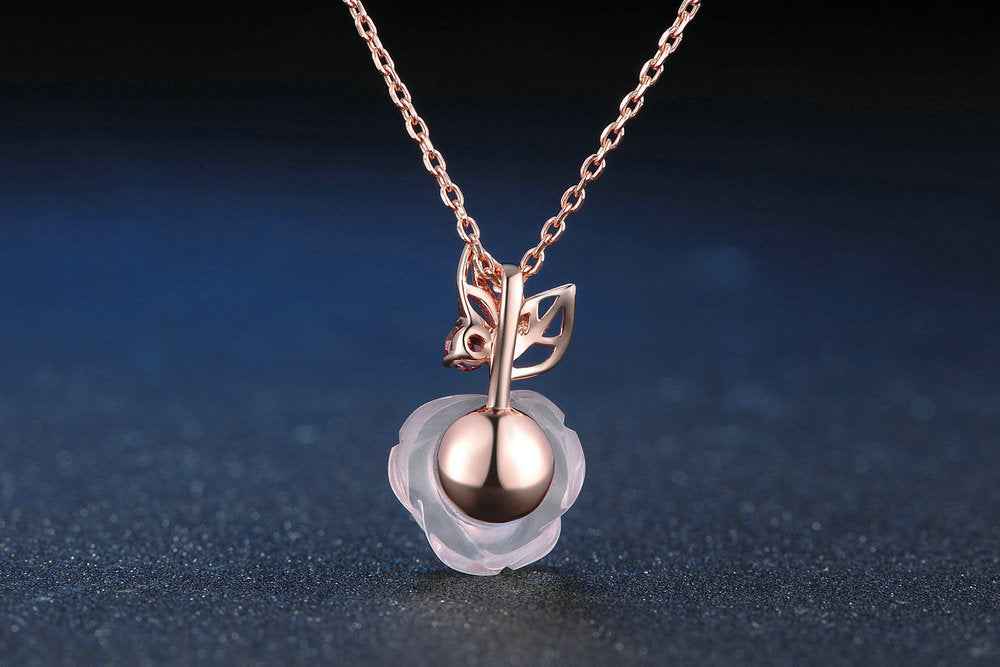 Rose Hibiscus Pendant Necklace – S925 Sterling Silver, Pink Crystal, Adjustable Chain