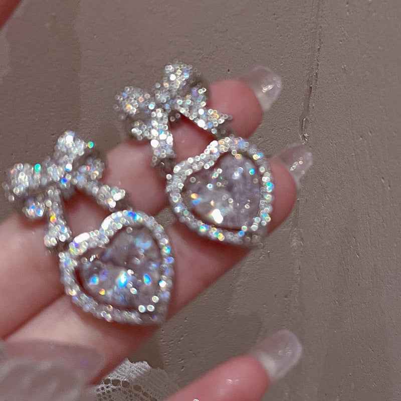 Romantic Heart Drop Earrings with Pave Bow Design