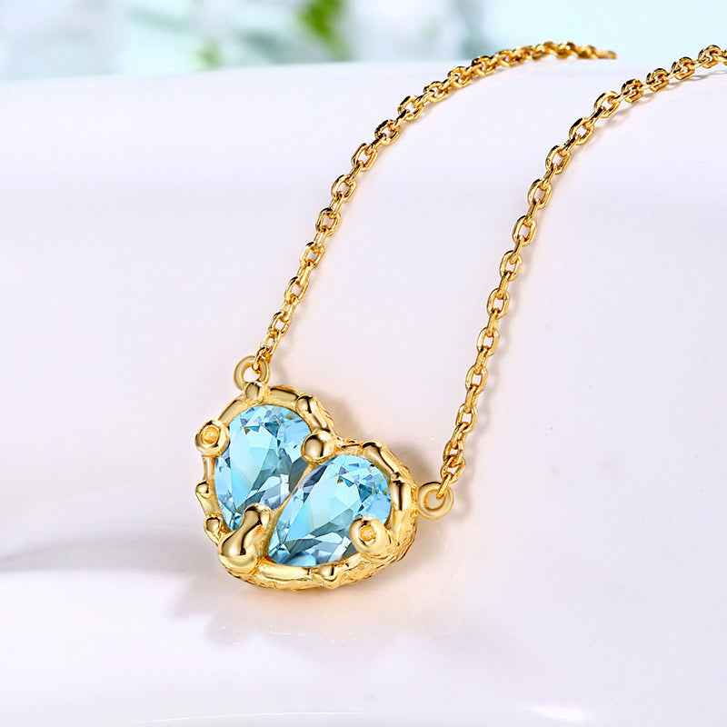 Heart-Shaped Gemstone Necklace - S925 Gold-Plated Natural Topaz or Pink Crystal, Adjustable Design