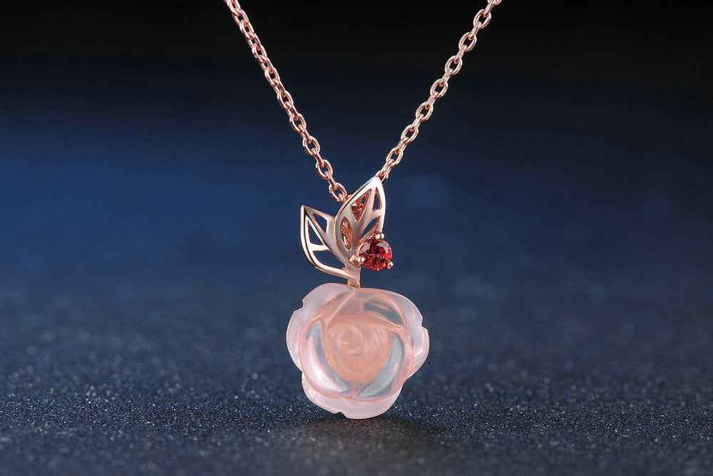 Rose Hibiscus Pendant Necklace – S925 Sterling Silver, Pink Crystal, Adjustable Chain