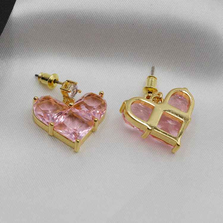 Pink Heart Geometric Earrings - Modern Women's Jewelry in 18K Gold-Plated Copper with Zircon Accents