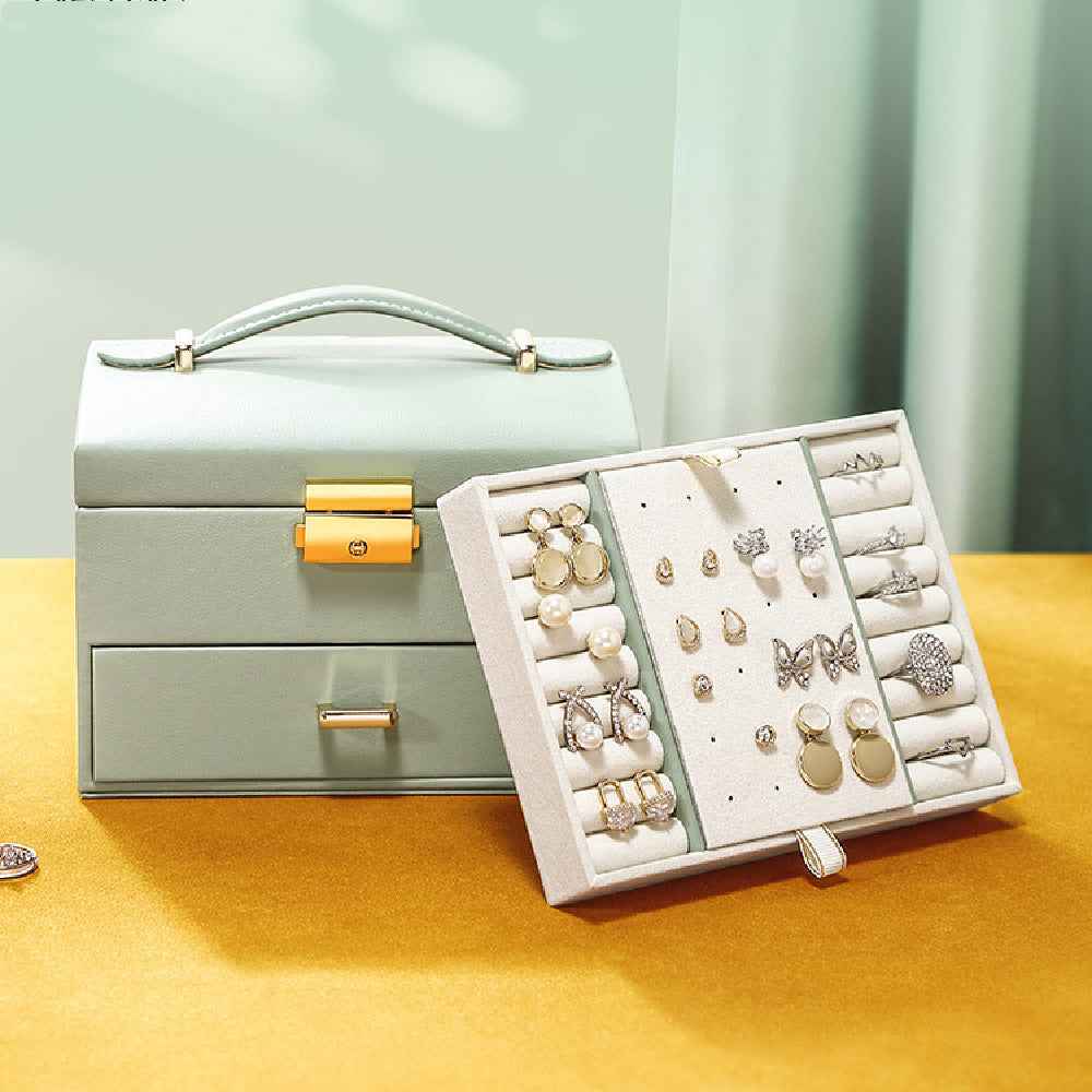 2-Layer Jewelry Organizer Box for Rings & Earrings - Dustproof Drawer Storage in Light Blue or Green