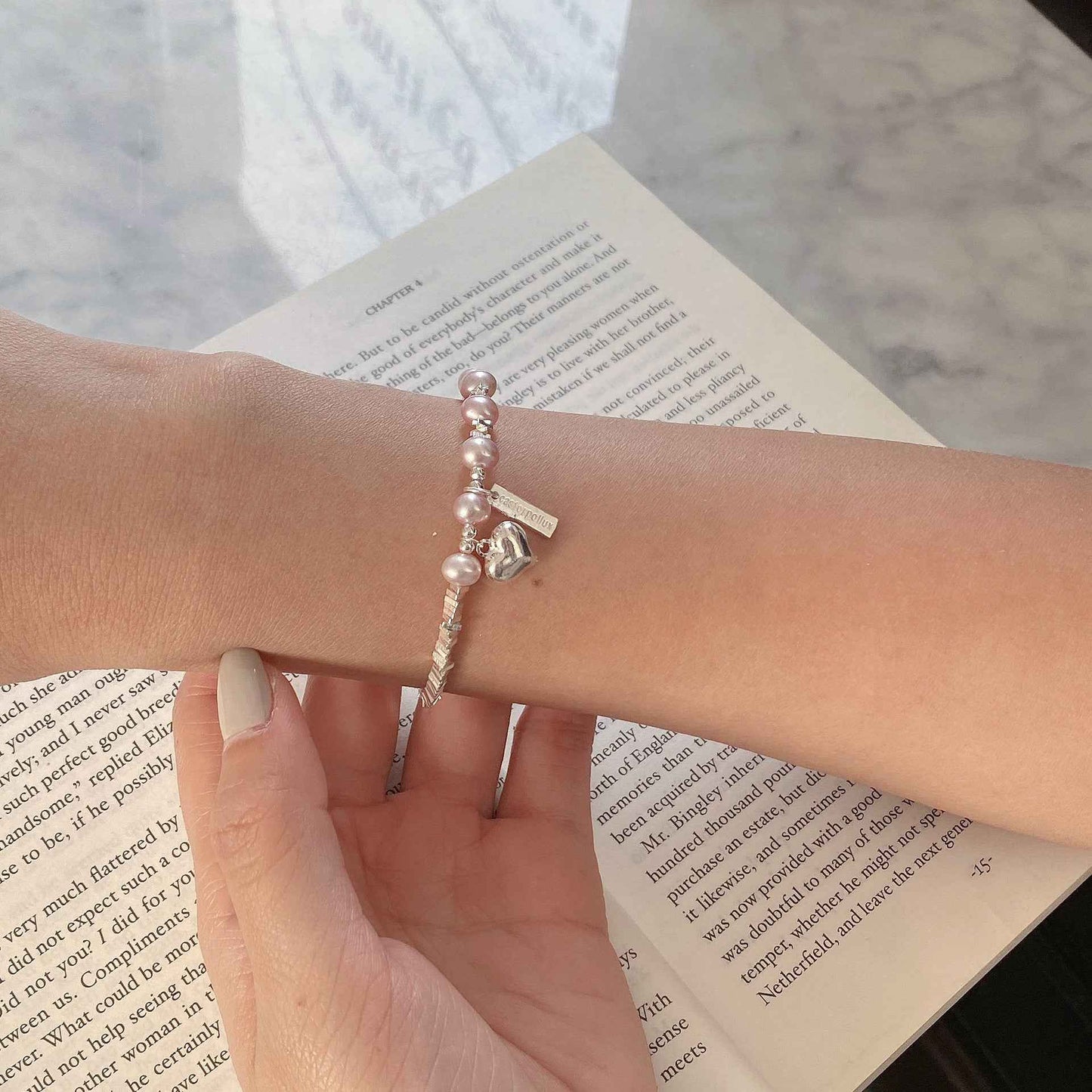 Korean Silver Pearl Heart Bracelet – 925 Silver, Romantic Minimalist Design