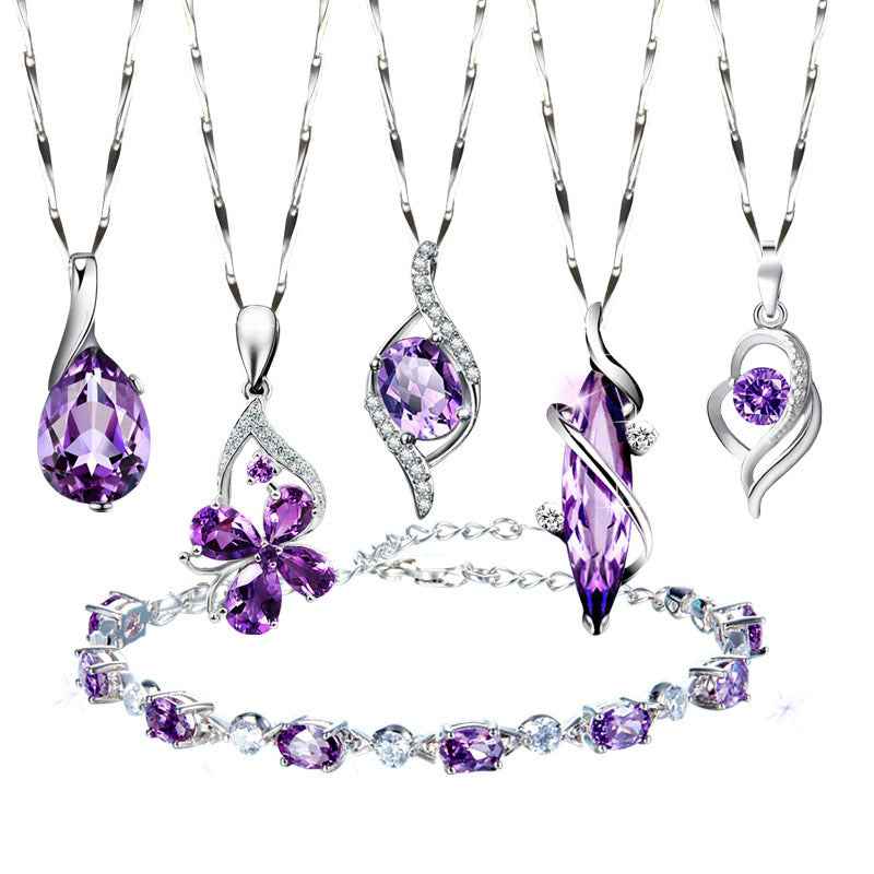 Purple Crystal Pendant Necklace in S925 Sterling Silver – Four Leaf Clover or Love Design