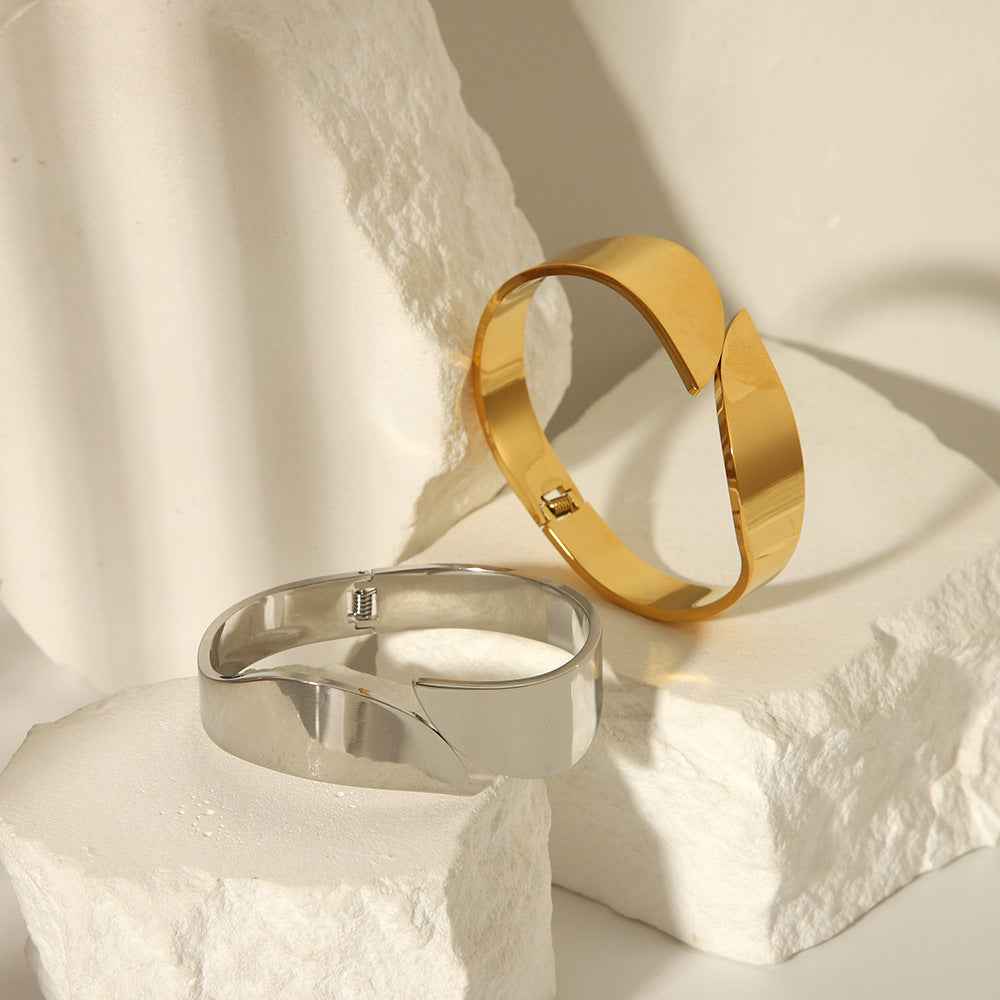 Exaggerated Wide Cuff Bracelet in Hip Hop Mirror-Finish Stainless Steel with Adjustable Rhombus Design