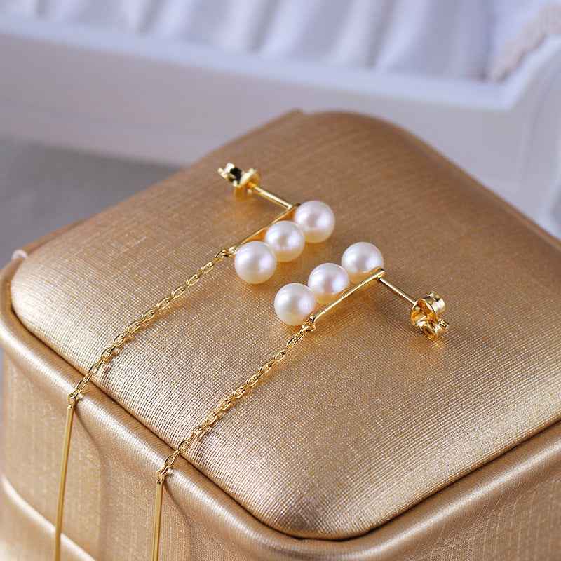 Natural Pearl Tassel Drop Earrings - Silver-Plated Linear Bar Design for Fashionable Office Style