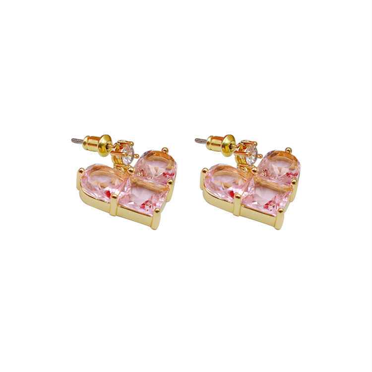 Pink Heart Geometric Earrings - Modern Women's Jewelry in 18K Gold-Plated Copper with Zircon Accents