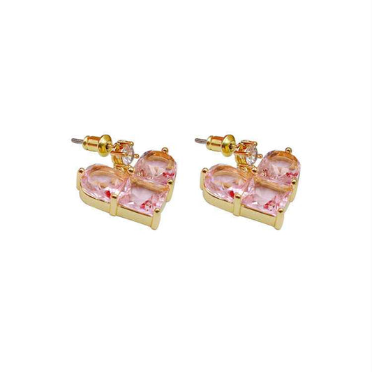 Pink Heart Geometric Earrings - Modern Women's Jewelry in 18K Gold-Plated Copper with Zircon Accents