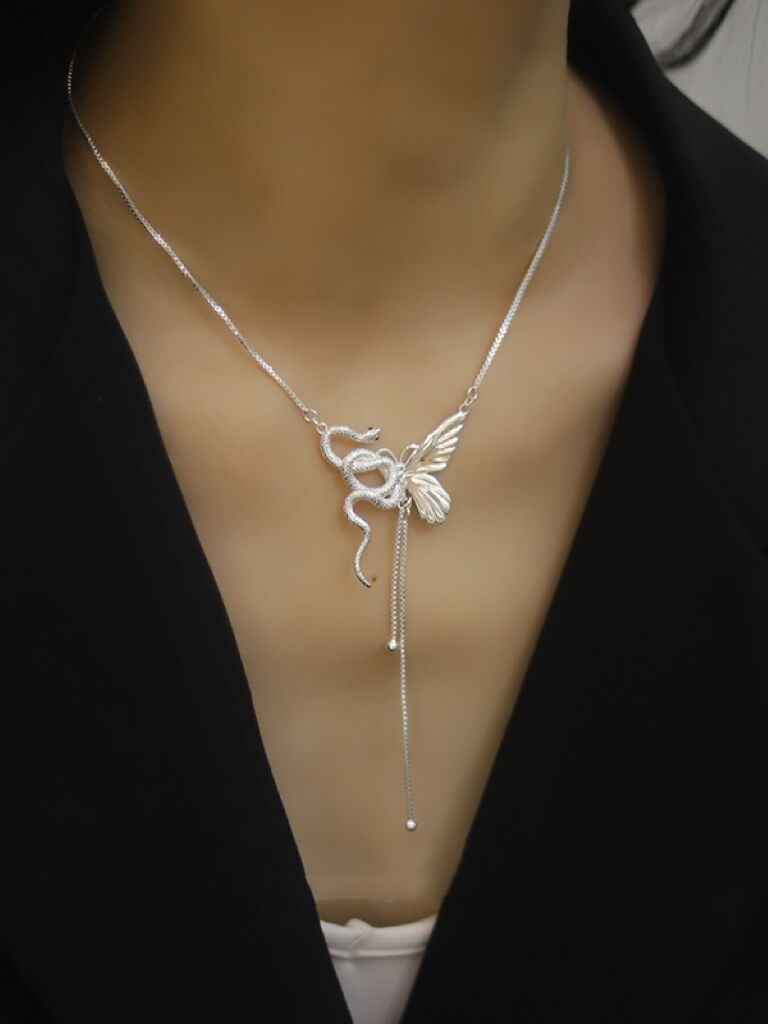 Butterfly Snake Pendant Necklace – Unisex Silver-Plated Copper Bold Statement Design
