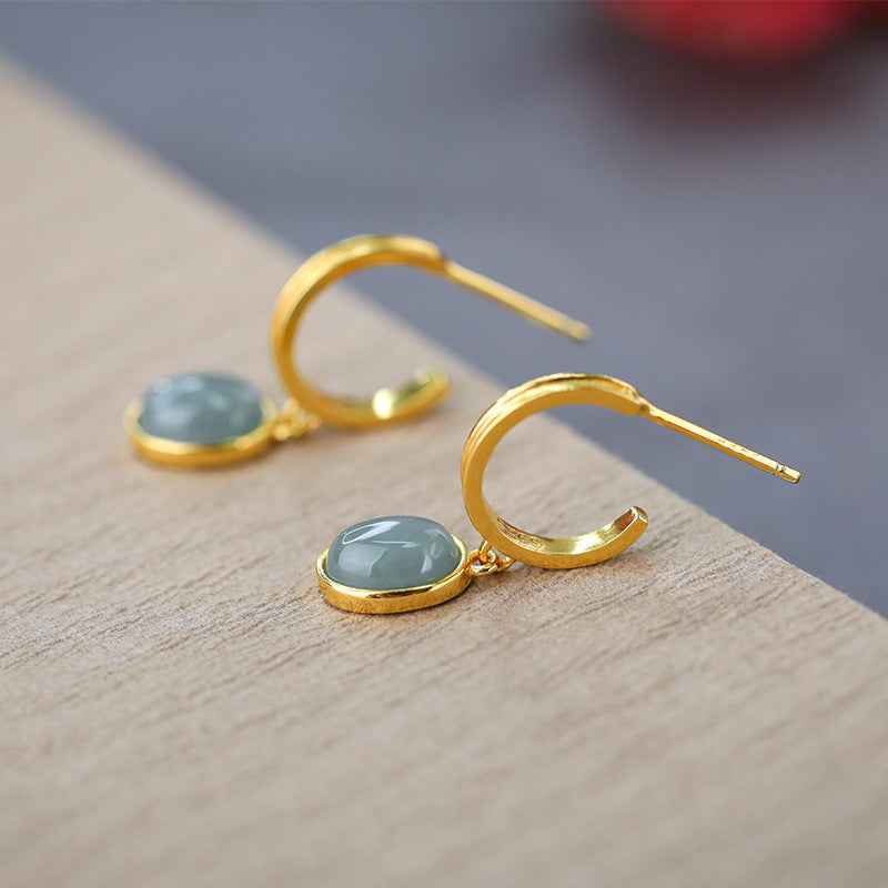 Natural Jade Egg Earrings – 925 Sterling Silver, Gold-Plated, Modern Chinese Design