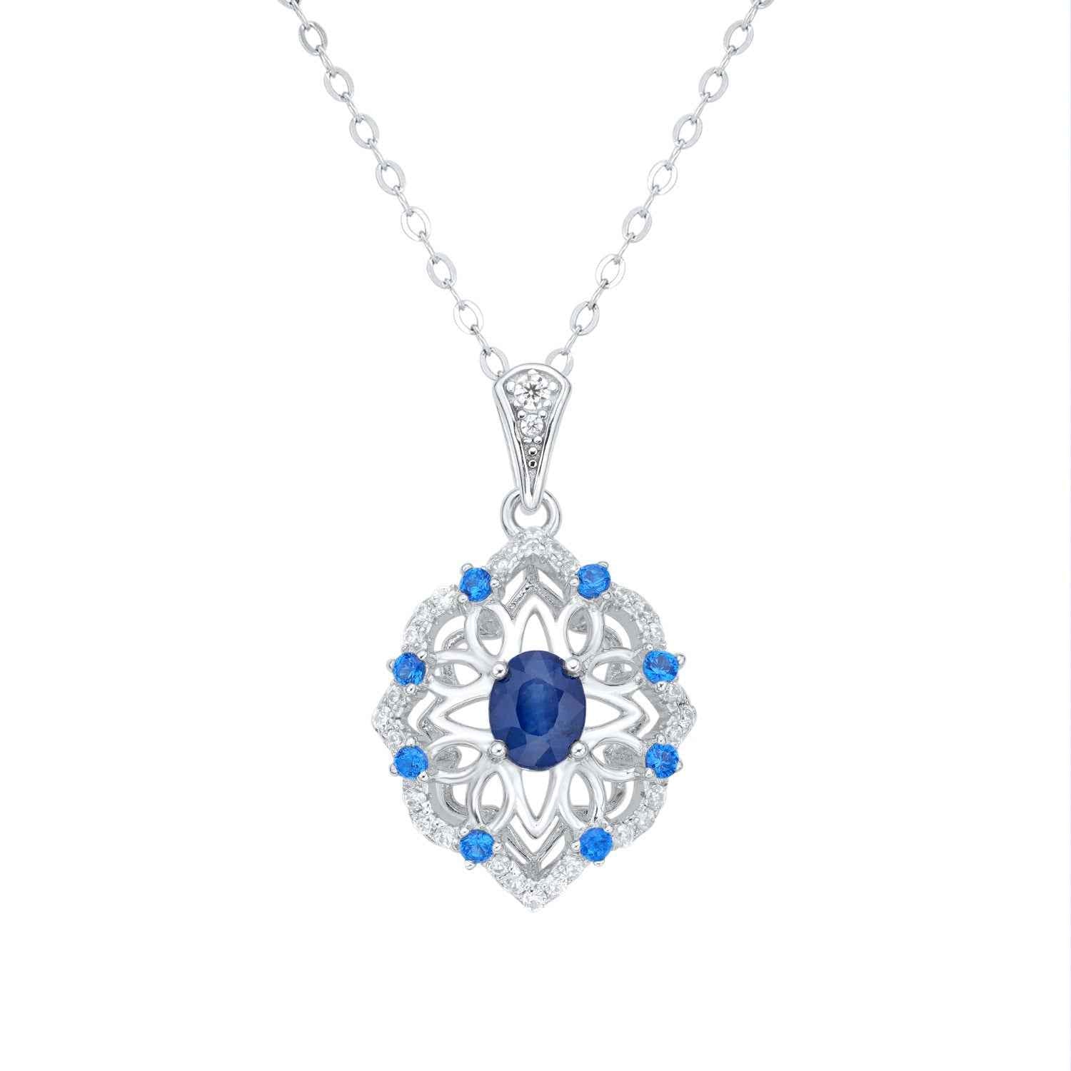 Natural Sapphire Flower Pendant Necklace | S925 Sterling Silver Vintage Retro Design with Adjustable Chain