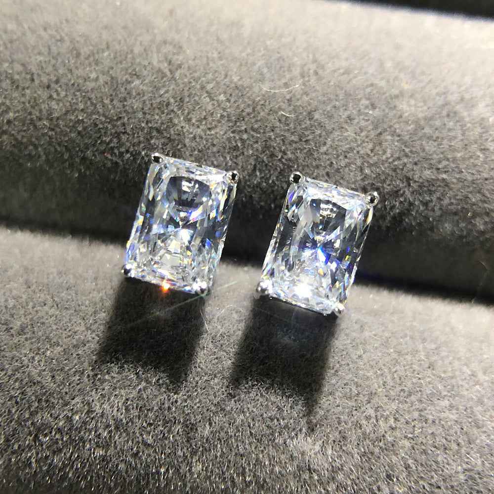 Rectangular Zircon Stud Earrings in 925 Sterling Silver - Minimalist Unisex Design with Four-Prong Setting