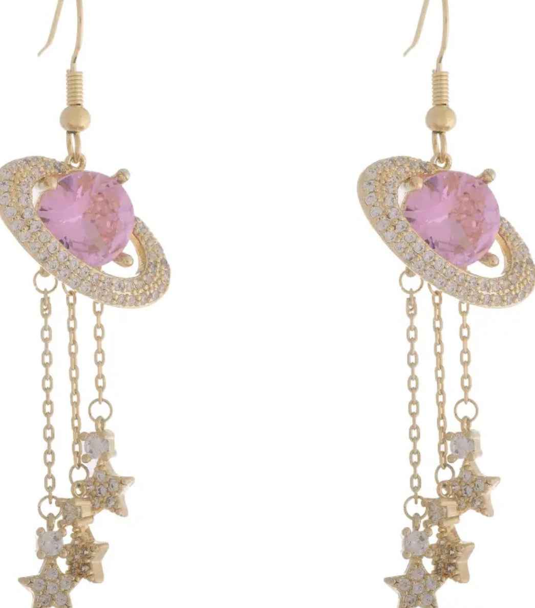 Exquisite Saturn Long Earrings with Celestial Universe Design and White Stones in Multiple Styles