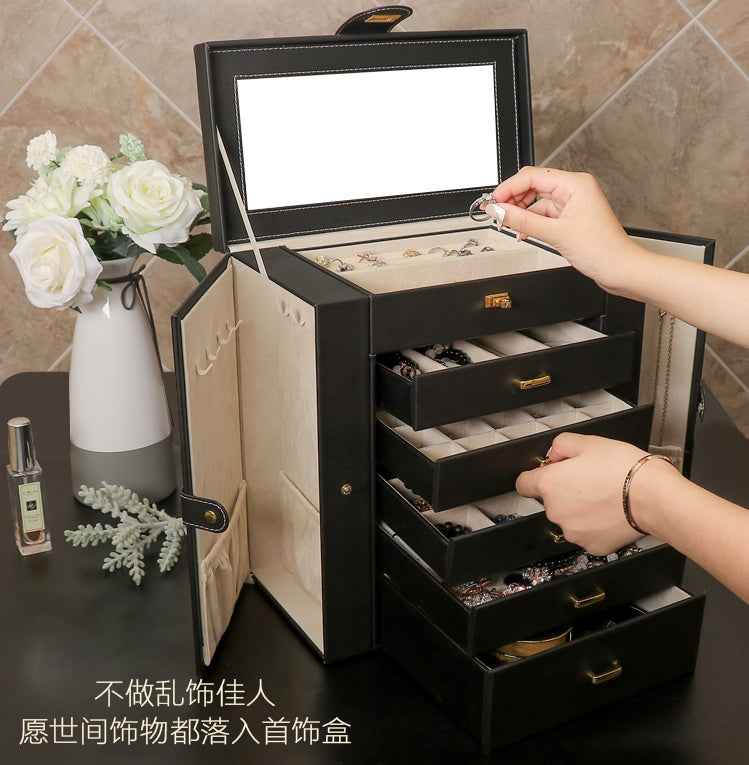 Oversized Leather Jewelry Box with Multi-Drawers, Large Capacity Organizer, Glass Mirror & Gold Handles