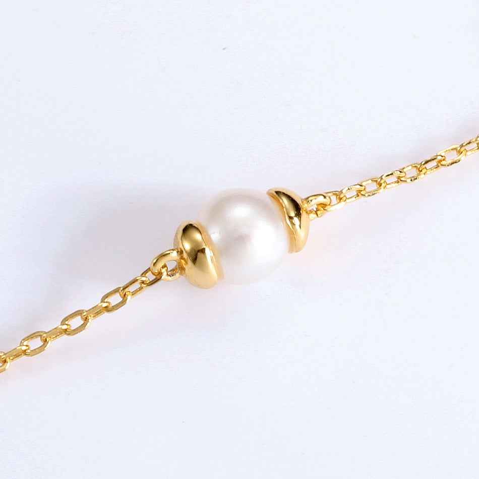 Korean-Style Pearl Bracelet with Freshwater Pearls & Moon Accents - Gold-Finished Silver, Celestial Romance