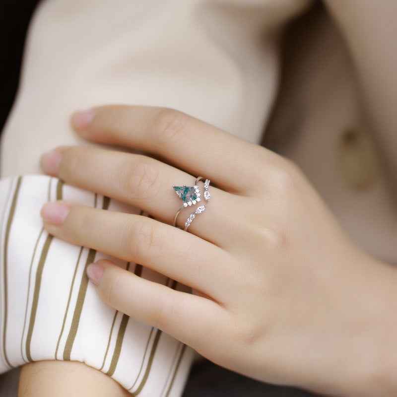 Moss Agate Stackable Ring Set – Natural Green Stone & S925 Platinum Silver | Women's Geometric Kite Shape Two-Piece Jewelry