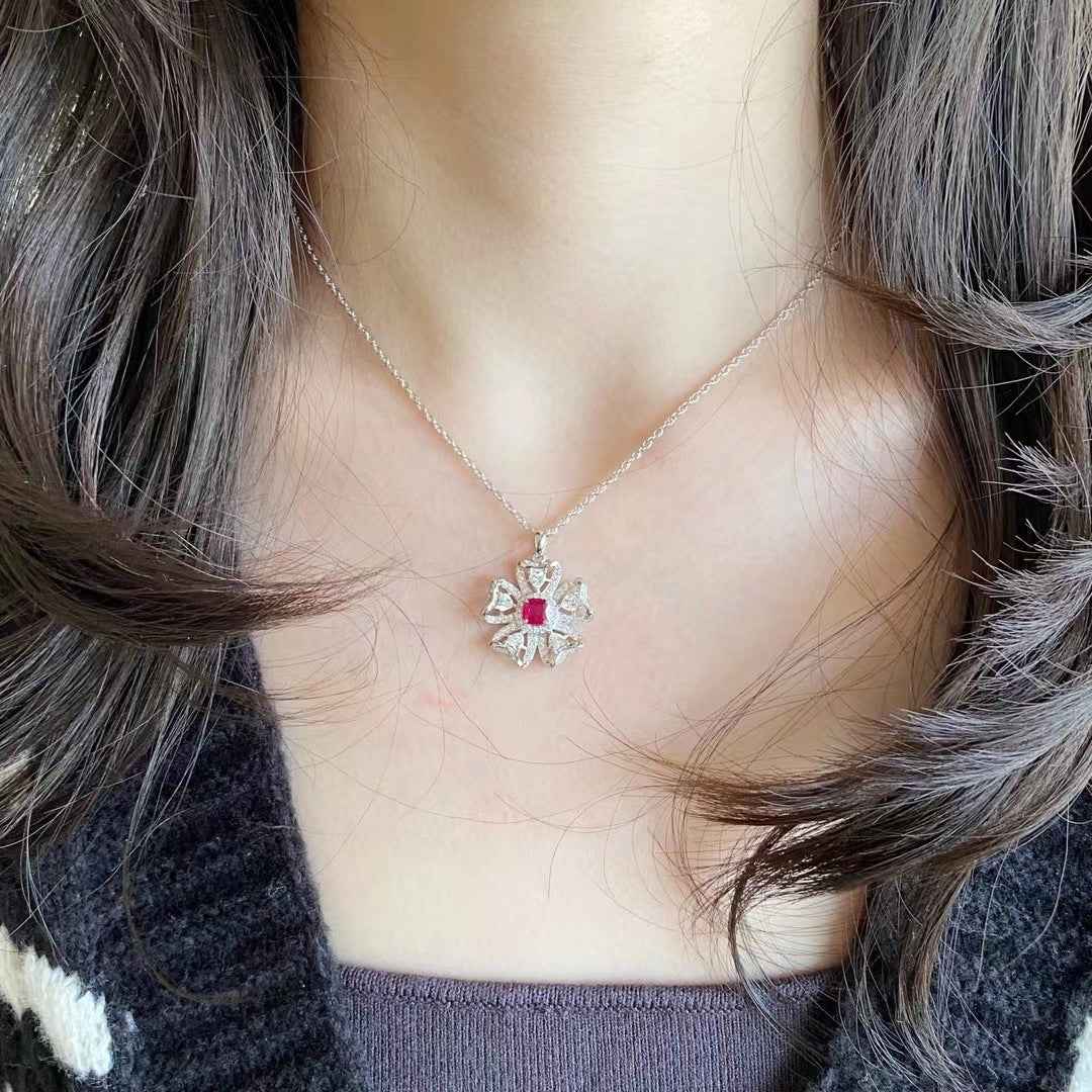 Red Square Pendant Necklace - Sterling Silver with Synthetic Ruby, Minimalist Design