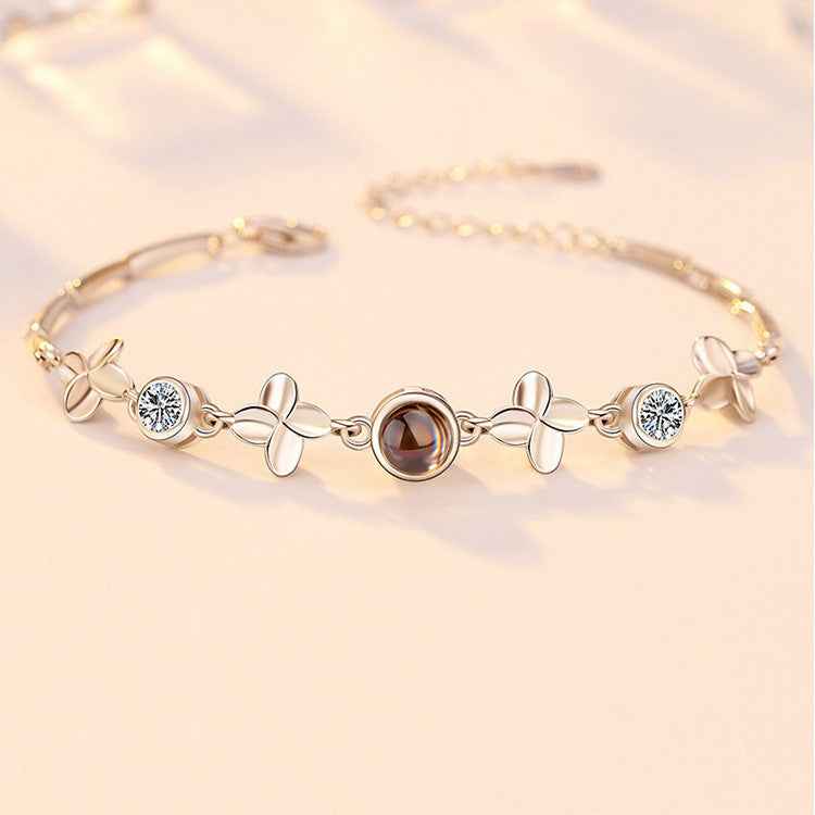 100 Language I Love You Bracelet - Lucky Four-Leaf Clover Projection in Rose Gold or Silver Finish