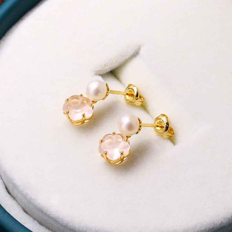 Cherry Blossom Drop Earrings - Hypoallergenic Silver with Natural Crystal & Pearl Accents in Feminine Floral Design