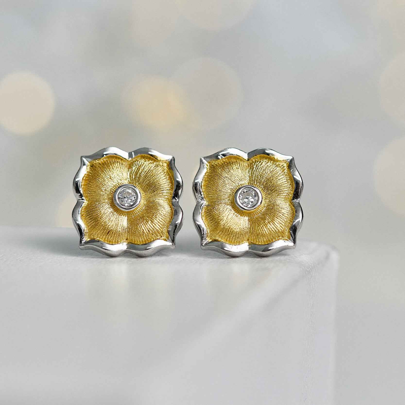 Two-Tone Flower Earrings with Brushed Finish