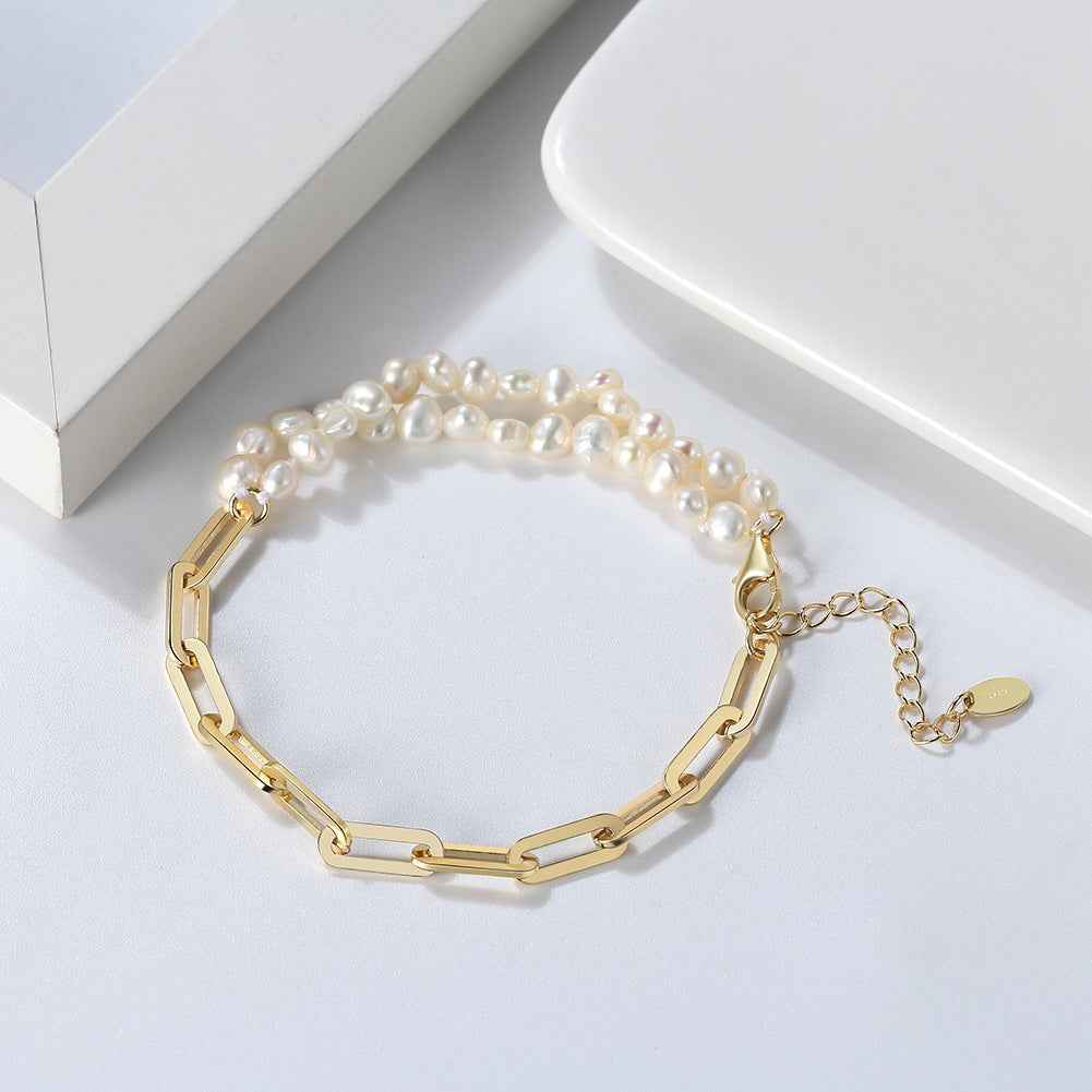 Natural Water Pearl Bracelet in Sterling Silver with 14K Gold or Platinum Finish - Geometric Elegance