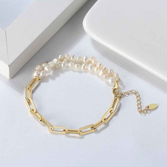 Natural Water Pearl Bracelet in Sterling Silver with 14K Gold or Platinum Finish - Geometric Elegance
