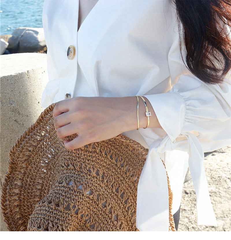 Double-Layer Sterling Silver Bracelet – Minimalist Geometric Design in 18K Gold & White Gold Options