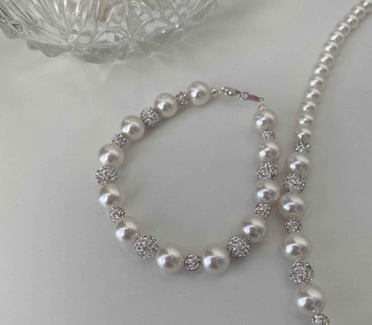 Geometric Silver Bracelet with Czech Diamond and Shijia Pearl - Elegant Gift in Multiple Lengths